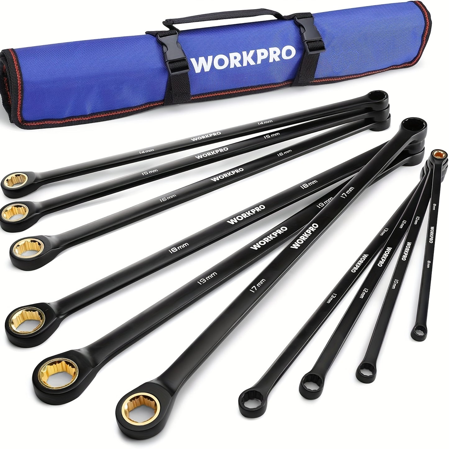 WORKPRO Extra Long Ratcheting Wrench Set, 10pcs Anti-Slip Double Box Wrenches Set, Metric 8-19mm, 72-Teeth, Cr-V Steel And Black Electrophoretic Coating Wrenches with Rolling Pouch
