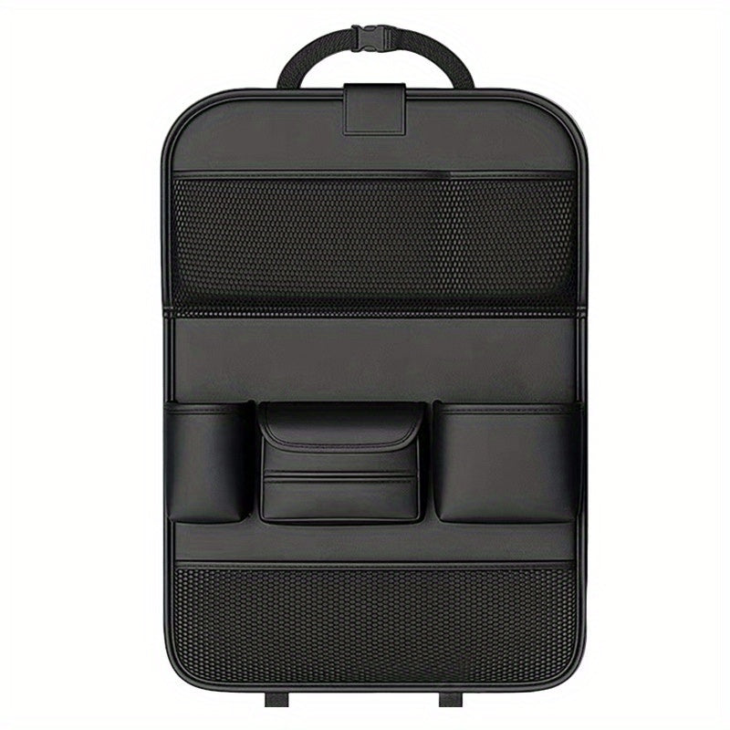 Fit PU Leather Car Seat Back Organizer with Multiple Compartments, Mesh Pockets & Laptop Holder - Foldable Travel Storage Bag for Car Interior Accessories