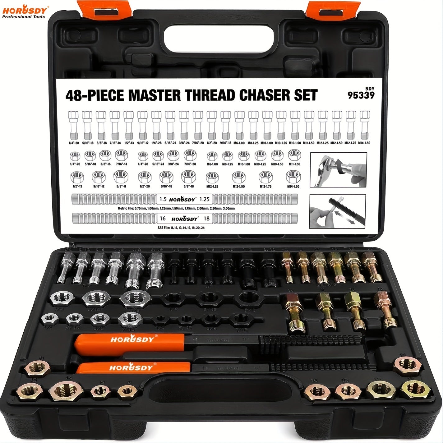 HORUSDY 48pcs Thread Chaser Set for UNF, UNC, And Metric Threads, Rethreading And Repair Kit