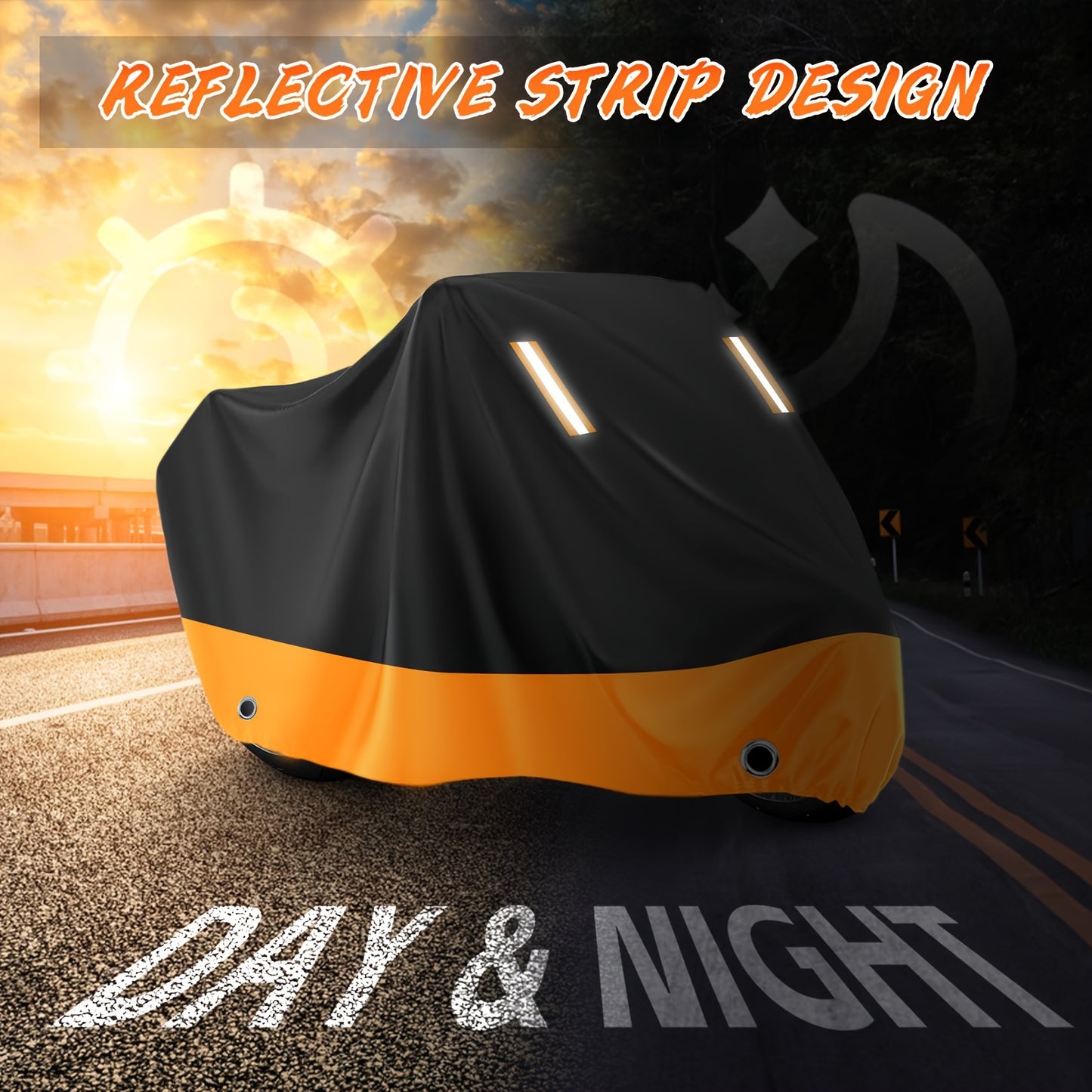 Motorcycle Cover, 210D, All-Weather Outdoor UV And Dust Protection, Protects Paintwork with Reflective Strips, Suitable for Harley-Davidson, for HONDA, And for SUZUKI (Black And Orange)