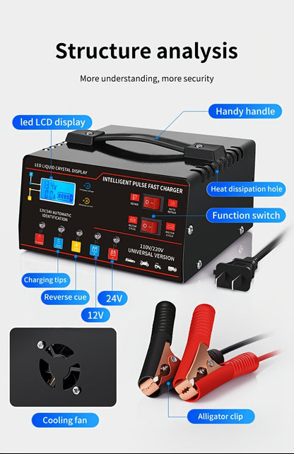 New Styles 12V 24V for smart Universal Battery Charger, LCD Screen, Pulse Repair Function, And Temperature Regulation Designed for Smart Trickle Charging Maintenance of Car, Truck, Harvester, Lawn Mower, Boat, And Motorcycle, Lead Acid Batteries