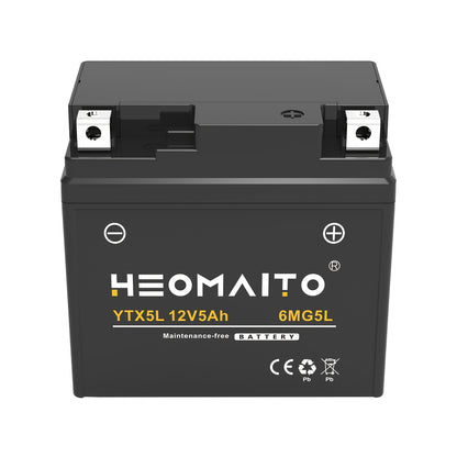 HEOMAITO 6MG5L-YTX5L 12V 5Ah Sealed Battery, Maintenance-Free Power, for AGM, Motorcycle CTX5L Battery for Honda YUASA for Yamaha ETX5L-B
