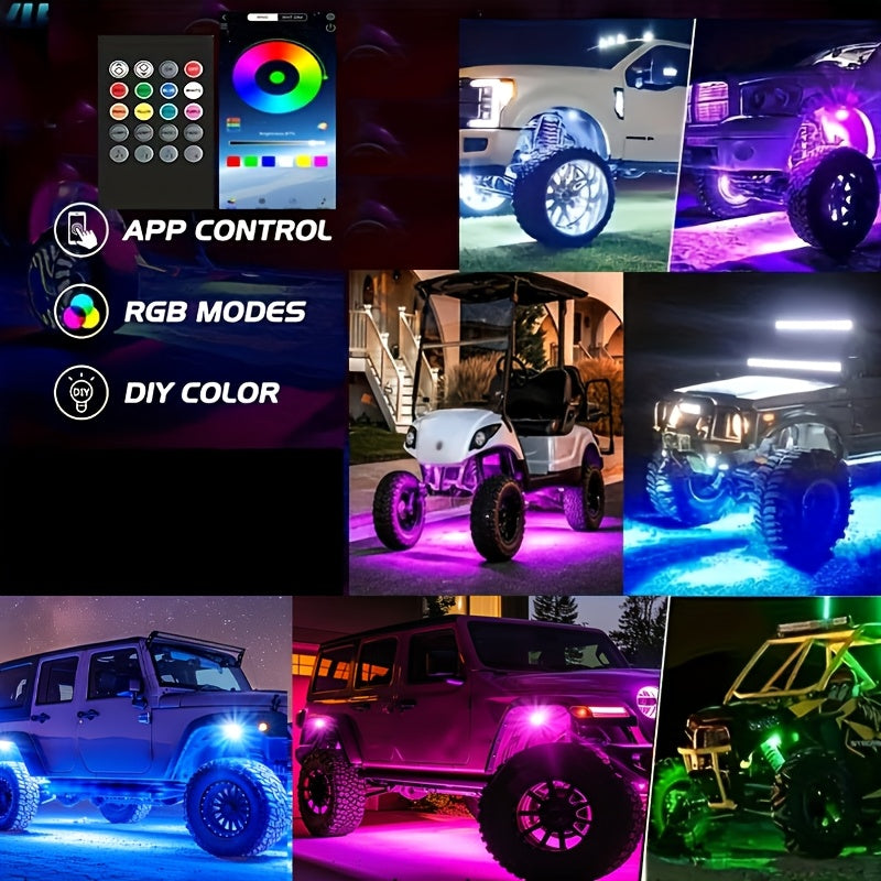 [LED Rock Lights] 8pcs And 4pcs - 15 LED/8 Pods Metal Alloy Upgraded LED Rock Lights, Suitable for Trucks, RGB LED Rock Lights with APP/Music Mode, Suitable for Jeeps, Trucks, UTVs, SUVs And Golf Carts, Neon Light Chassis Kits for Backlights, Car Accessor