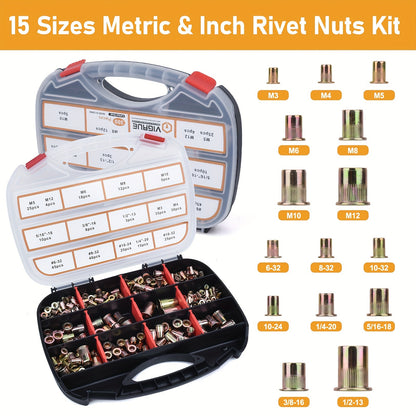 VIGRUE 16-Inch Rivet Nut Tool Kit Includes a Hand Tool Set with 15 Metric And Inch Mandrels Ranging from M3 to M12 And 6-32 to 1/2-13, Along with a Selection of 300 Metric And SAE Rivet Nuts