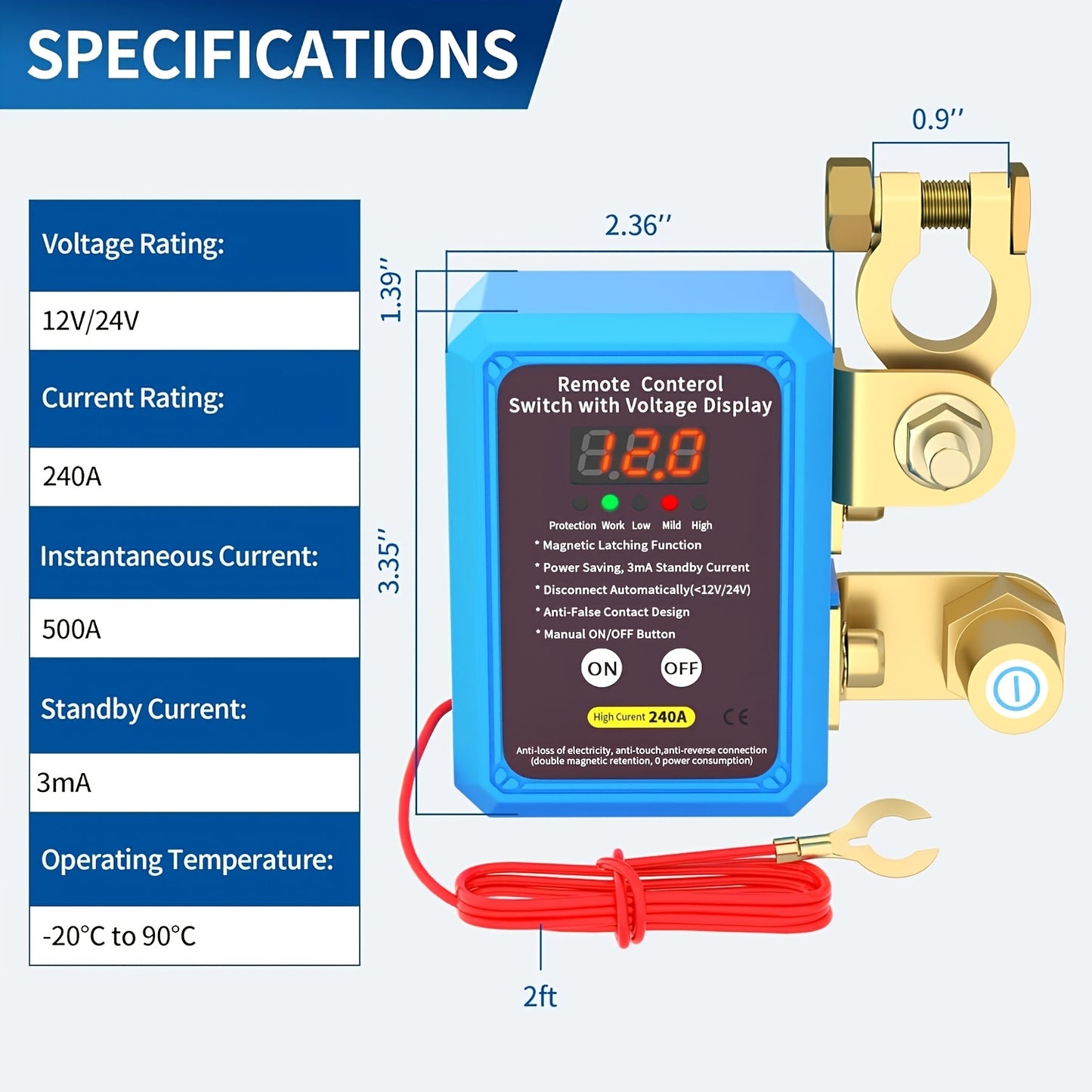 12V 240A Remote Battery Disconnect Switch with Two Remote Controllers, Upgraded Smart Voltage Vehicle Power Cut-Off Switch Featuring Magnetic Lock Design, Anti-Theft and Anti-Misoperation Functions to Prevent Battery Drain, Suitable for Horizontal
