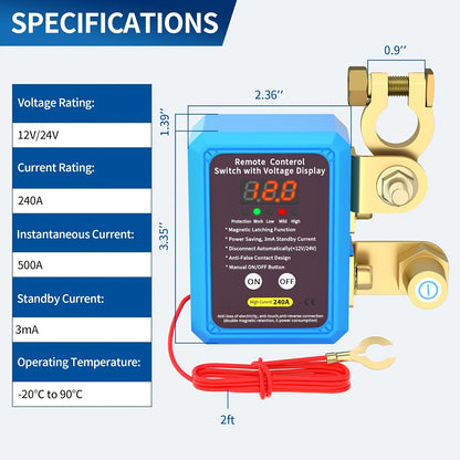 12V 240A Remote Battery Disconnect Switch with Two Remote Controllers, Upgraded Smart Voltage Vehicle Power Cut-Off Switch Featuring Magnetic Lock Design, Anti-Theft and Anti-Misoperation Functions to Prevent Battery Drain, Suitable for Horizontal