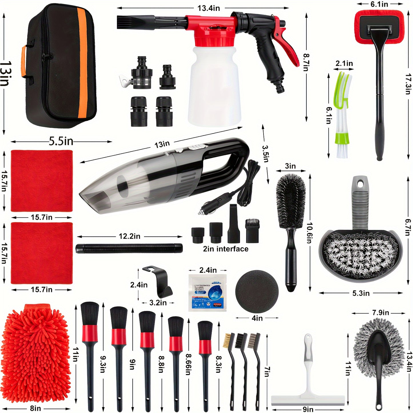 Complete Car Cleaning Set Featuring a Foam Gun Sprayer, Detailing Brushes, a Vacuum, a Windshield Cleaning Tool, a Tire Brush, And Towels for Thorough Interior And Exterior Detailing, Without Battery