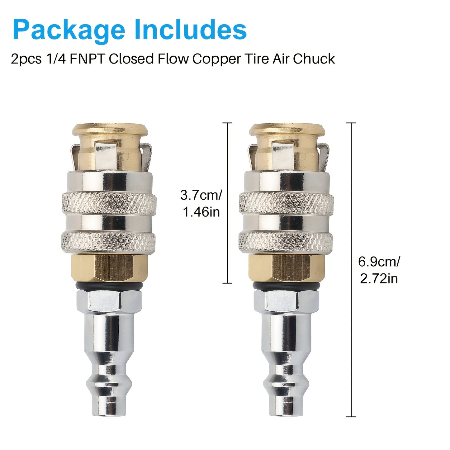Two Brass Tire Valves with a Closed-End Design, Featuring a 1/4 Inch Female Thread And a Quick-Connect Mechanism, Capable of Handling a Maximum Pressure of 250 PSI. They Are Made from a Durable Alloy And Are Compatible with Cars, Trucks, Bicycles