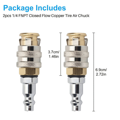 Two Brass Tire Valves with a Closed-End Design, Featuring a 1/4 Inch Female Thread And a Quick-Connect Mechanism, Capable of Handling a Maximum Pressure of 250 PSI. They Are Made from a Durable Alloy And Are Compatible with Cars, Trucks, Bicycles