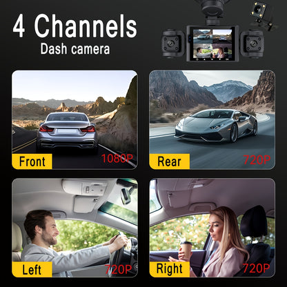 BCUOZ 360° Panoramic 3/4-Channel 1080P Full HD Ultimate Safety Dash Cam Set, 1080P Front + 720P Rear/Left/Right All-Round Coverage, 2.4" Quad-Screen Split Display, Super Night Vision, WDR, G-Sensor, Loop Recording - Auto Parts/ Car Dashboard Camera/