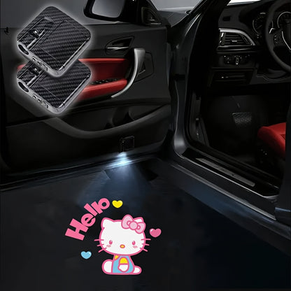 Set of 2 Sanrio Hello Kitty Car Door Lights, Featuring LED Projectors That Display a Cartoon Love Design. These Wireless LED Lights Create a Shadow Effect And Serve As Car Additions, Without Battery