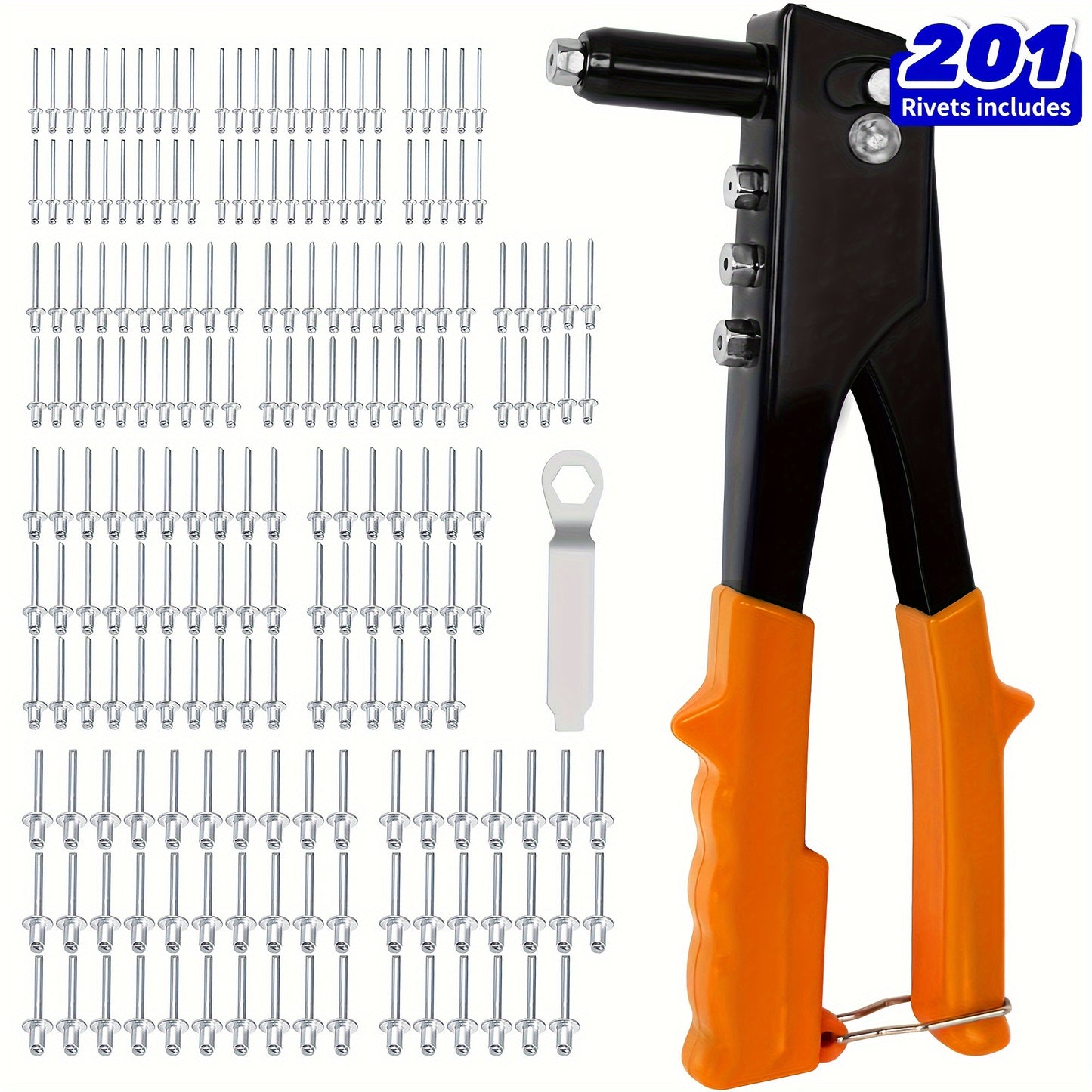 4-in-1 Hand Riveter Gun Kit with 200 Rivets - Heavy-Duty Pop Rivet Tool, 4 Interchangeable Nosepieces & Multi-Size (3/32”, 1/8”, 5/32”, 3/16”) for Metal Riveting - Compatible with Automotive,, - Rivet Gun Kit for Metals
