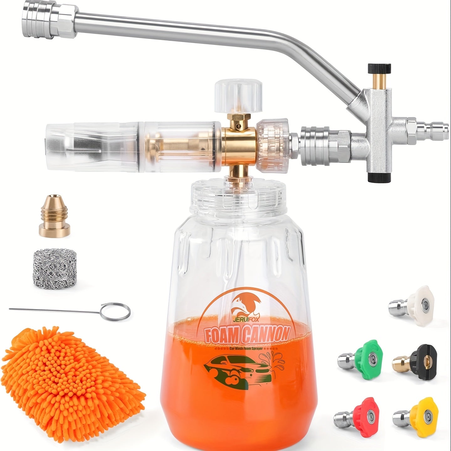Pressure Washer Foam Soap Cannon Dual Connector Accessory - Power Wand With 5 Nozzle Tips And 1/4" Quick Connect For Car Wash - 5000PSI