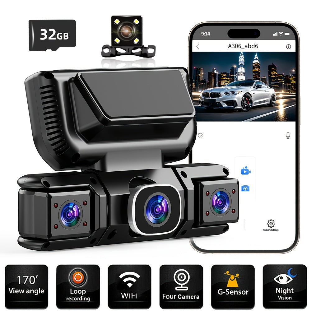 [FOXGOD] 360° Dash Cam for Car | 4 Channel Recording, Night Vision, 3.16" IPS Screen with WiFi, G-Sensor, Parking Mode, Video Capture, Free 32GB Card, The Best Gift to Give to A Friend