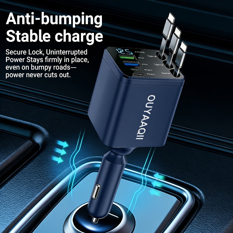 OUYAAQII 7-in-1 Fast Car Phone Charger/with 3 Retractable Cables And A Fast Charging Port/can Be Freely Adjusted In 180° Direction/features LED Intelligent Digital Display