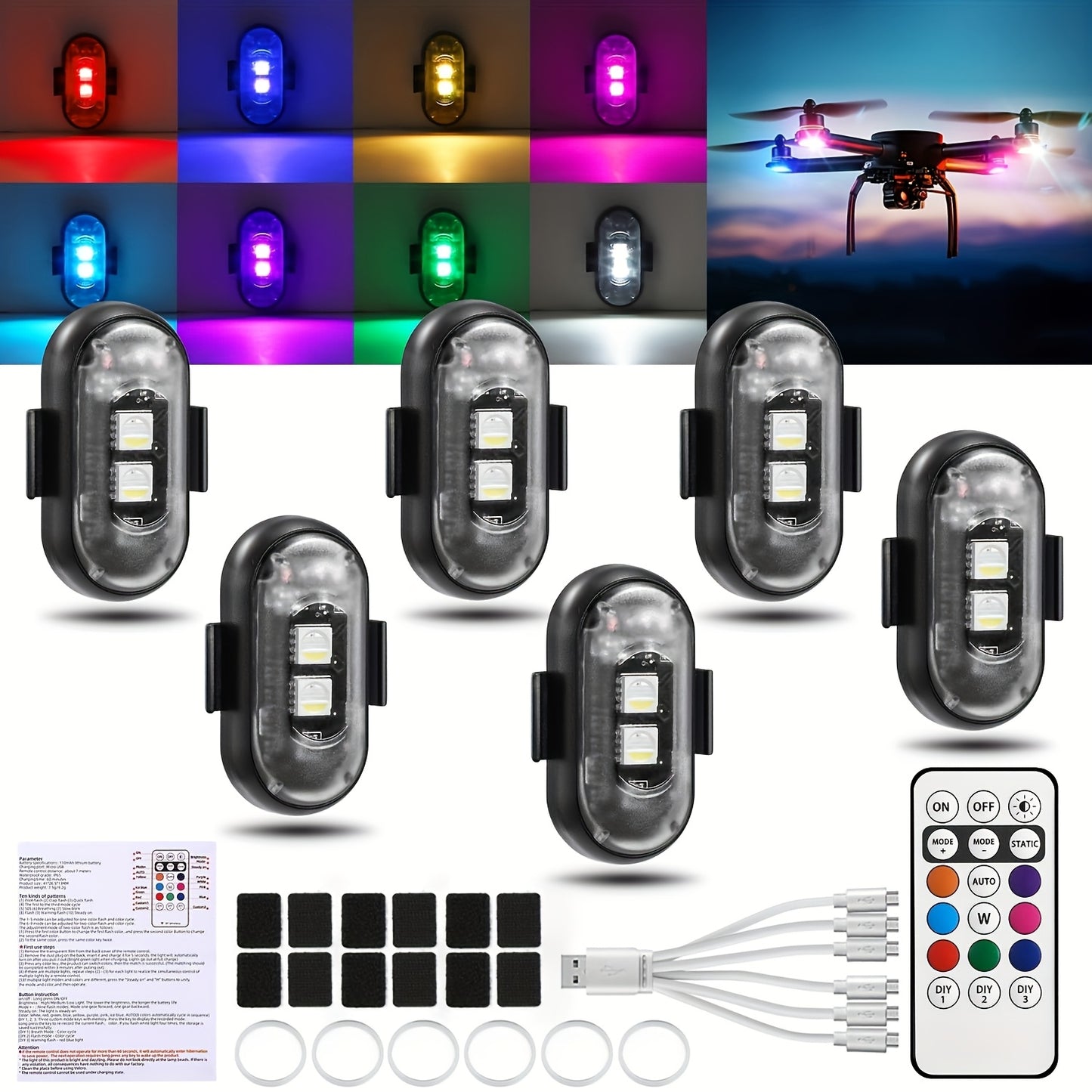 4/6 Pack Car Lights with Remote Control, Strobe Light 8 Colors USB Charging IP65 Waterproof Anti-Collision Warning Light for Car Interior Truck Motorcycle Drone Aircraft Bicycle