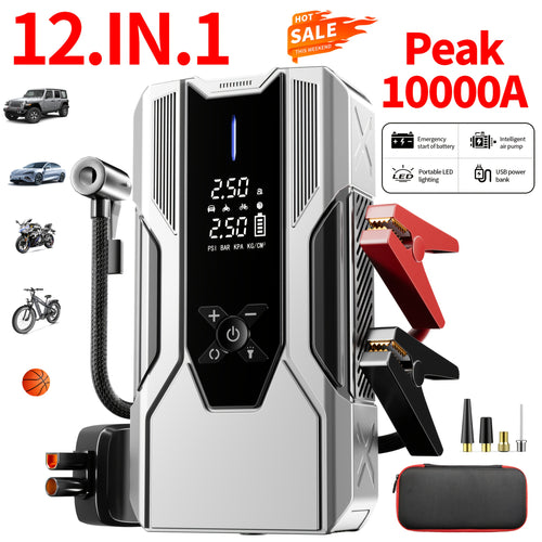 WANBILU 10000A, 12-In-1 Multi-Functional Vehicle Emergency Start Power Supply, Ignition Device, Suitable for Cars, Motorcycles, Suvs, Diesel Engine Emergency Start Power Supply, Tire Inflation, Car Battery Charger, with Air Pump Flashlight