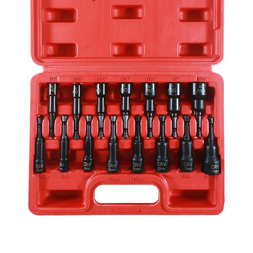 92/50/15pcs 3/8 Inch Drive Impact Socket Set, Metric (8-22 Mm), SAE (5/16 - 3/4 Inch), 6 Points, Cr-V Material, With Adapter Ratchet Handle And Storage Box - Professional/maintenance Personnel Set, A Great Choice For Daily Use And As A Gift.