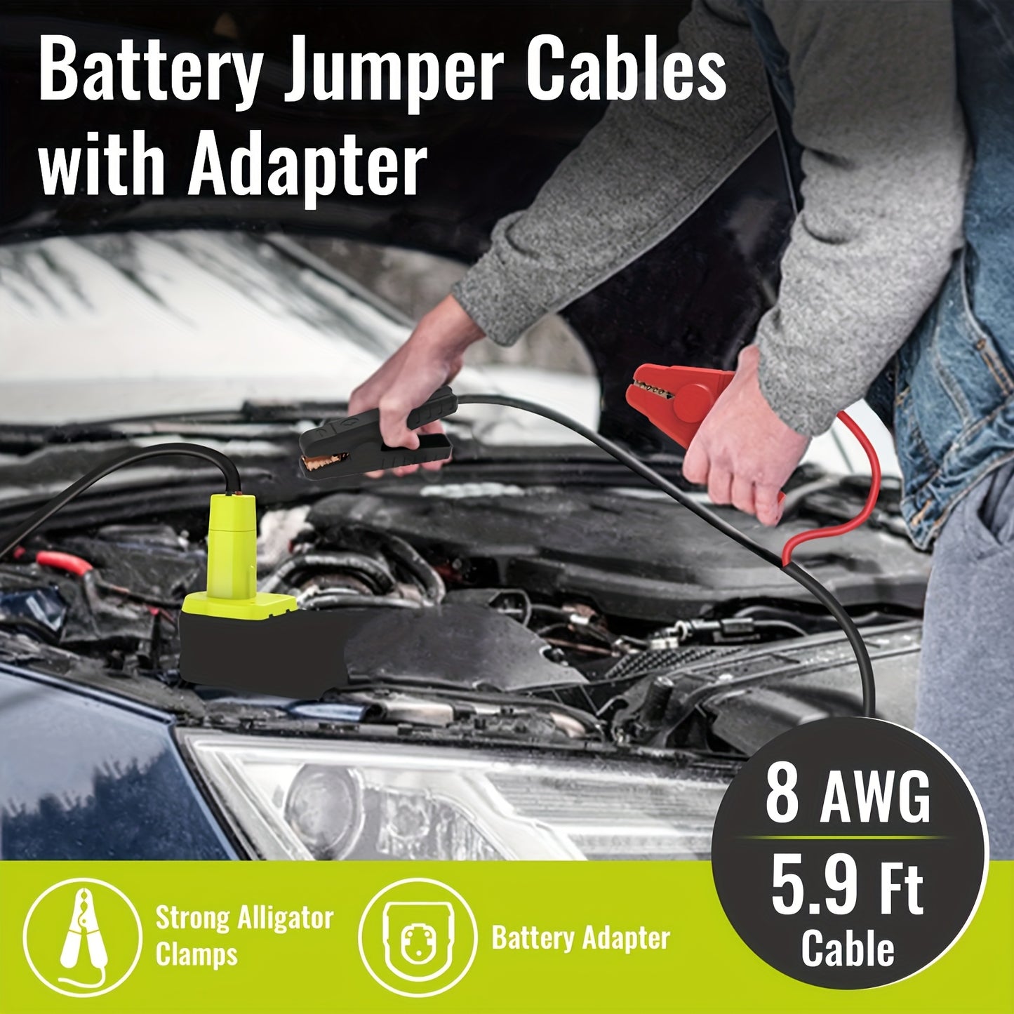 [Portable Battery Booster] Jumper Cables for Starting Car with Adapter Compatible with Ryo-Bi 18V Battery Jump Starter 8AWG 5.9FT Portable Auto Battery Booster Pack for Jump Starting Light Vehicles (Battery Not Included)