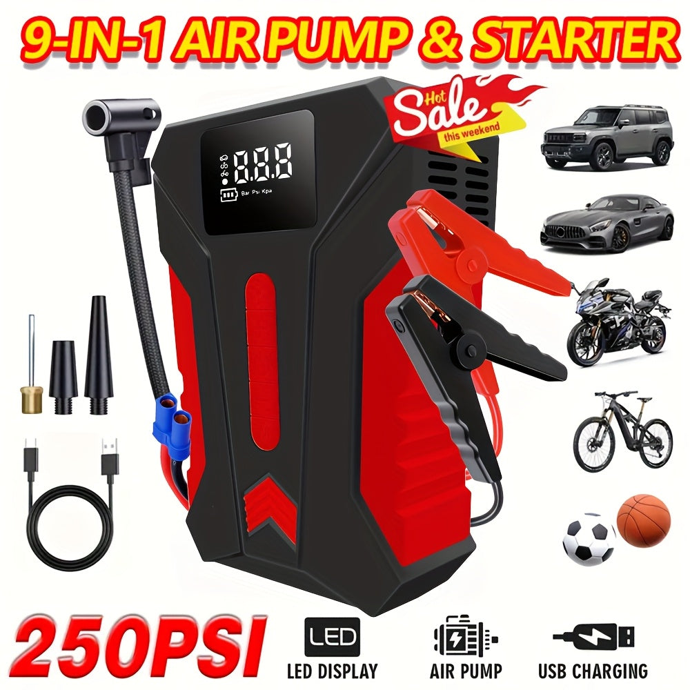 15000A Peak Car Emergency Starter & 250PSI Portable Tire Inflator, 12V (ALLGas/ 2.11 Gallons Diesel) Quick Start Vehicle, Portable Car Battery Charger, USB Input/ Output, LED Emergency Light, Car Emergency Tool