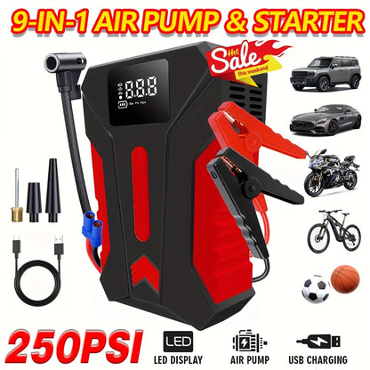 15000A Peak Car Emergency Starter & 250PSI Portable Tire Inflator, 12V (ALLGas/ 2.11 Gallons Diesel) Quick Start Vehicle, Portable Car Battery Charger, USB Input/ Output, LED Emergency Light, Car Emergency Tool
