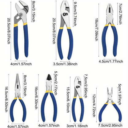 [For DIY and Home] 7pcs Pliers Set - 8 Inches Groove Joint, Sliding Joint, 7 Inches Lineman, 6 Inches Diagonal, Long Nose, Mini Long Nose, for DIY and Home