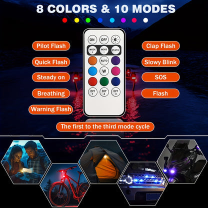 4-Pack Car Wireless LED Strip Light Remote Control | Magnetic Vibration Lights with 8 Colors, USB Rechargeable, IP65 Waterproof, Impact-Resistant Warning Lights, Suitable for Car Interiors, Trucks, Motorcycles, Drones, Aircraft, Bicycles