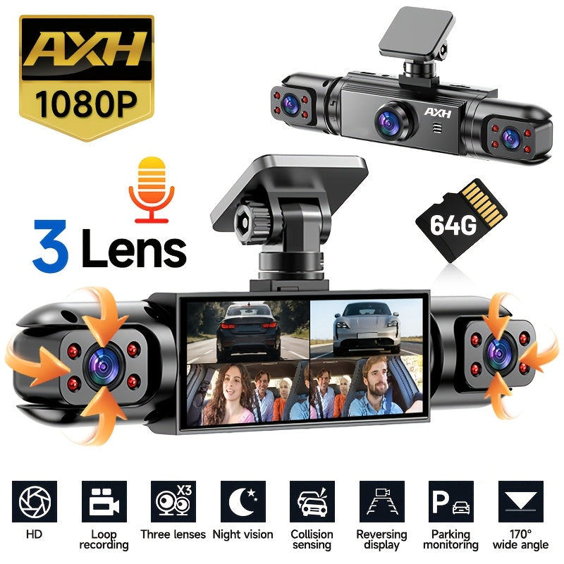 AXH 360° Panoramic 3/4 Lens Channel 1080P HD Ultimate Safety Dash Cam Set, 1080P Front and 720P Full Coverage Front, Rear, Left, and Right, Quad-Split Screen Display, HD Night Vision, WDR, G-Sensor, Loop Recording - Car Accessories/Car Dash