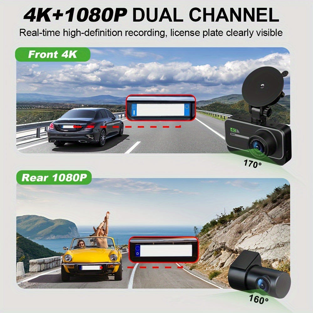 4K Dashboard Camera for Vehicles with WIFI, Video Recording Capabilities, Rear View Camera, Night Vision, And Parking Monitoring (Includes 64GB Memory Card)