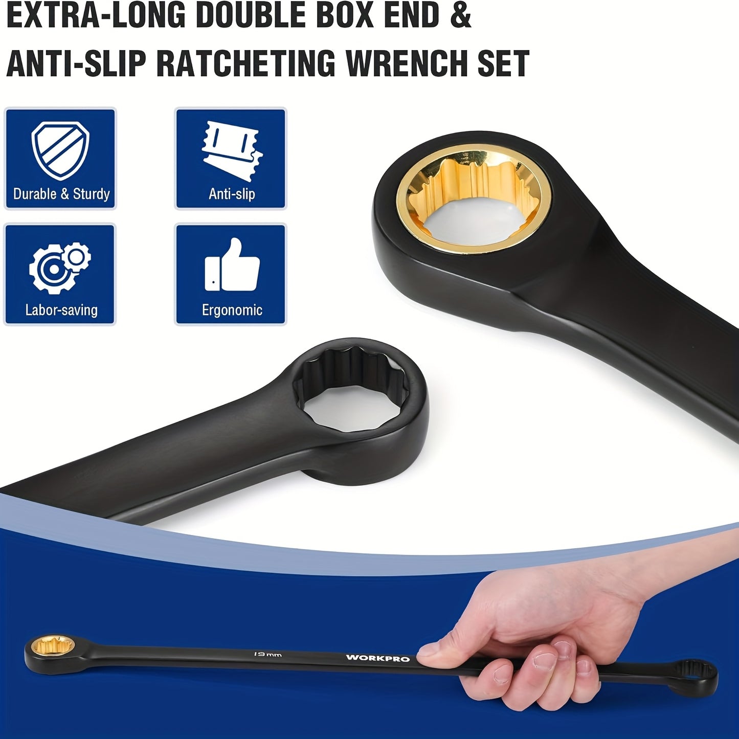 WORKPRO Extra Long Ratcheting Wrench Set, 10pcs Anti-Slip Double Box Wrenches Set, Metric 8-19mm, 72-Teeth, Cr-V Steel And Black Electrophoretic Coating Wrenches with Rolling Pouch