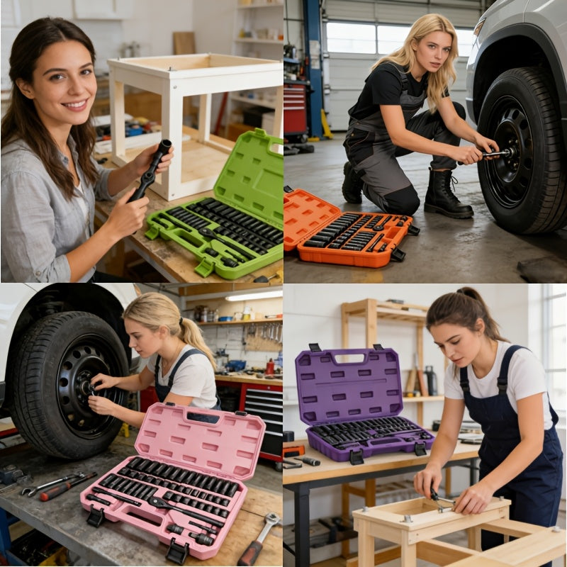 92/50/15pcs 3/8 Inch Drive Impact Socket Set, Metric (8-22 Mm), SAE (5/16 - 3/4 Inch), 6 Points, Cr-V Material, With Adapter Ratchet Handle And Storage Box - Professional/maintenance Personnel Set, A Great Choice For Daily Use And As A Gift.