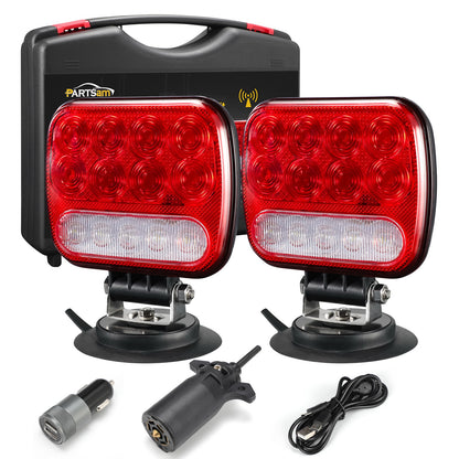 Partsam Wireless LED Trailer Light Kit Magnetic Towing Tail Light Portable Universal Stop Turn Running Backup Reverse Red+Clear Lens w/ 7-Pin Plug Dual USB Cable Charger for Trucks Trailers 12-24V, IPX5