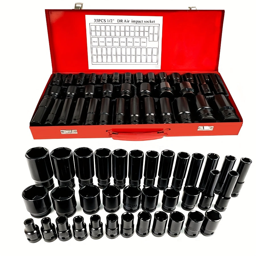 BOURVILL 35/15/10pcs 1/2" Drive Deep Impact Socket Set for Axle Hub Nut, Featuring 6-Point Metric Sizes from 8-32Mm, Made of Cr-Mo Steel, Designed for Heavy-Duty Vehicle Repair And Maintenance