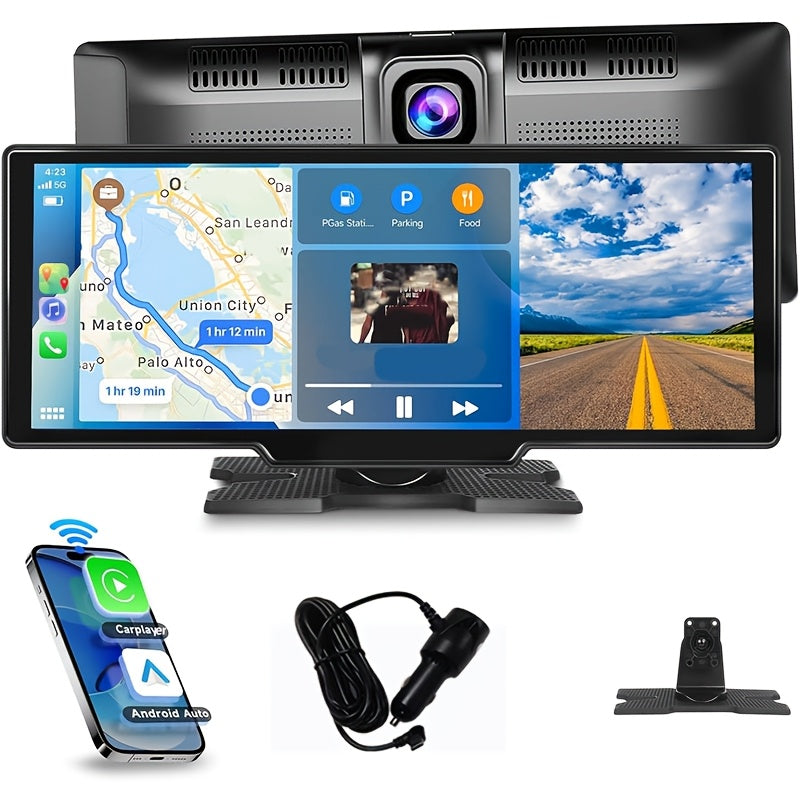 Podofo 10.26” Android Auto & CarPlay Wireless Portable Car Stereo with Touchscreen, Wireless/, Voice Control, FM Transmitter, Compatible for Smartphones, Navigation, Handsfree Calling, AUX Receiver for Vehicles
