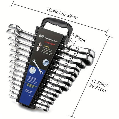Professional 14-PCS SAE Flex Head Ratcheting Wrench Set - 1/4" To 7/8" Chrome Vanadium Steel With Organizer Rack - For Automotive & Mechanical Repair