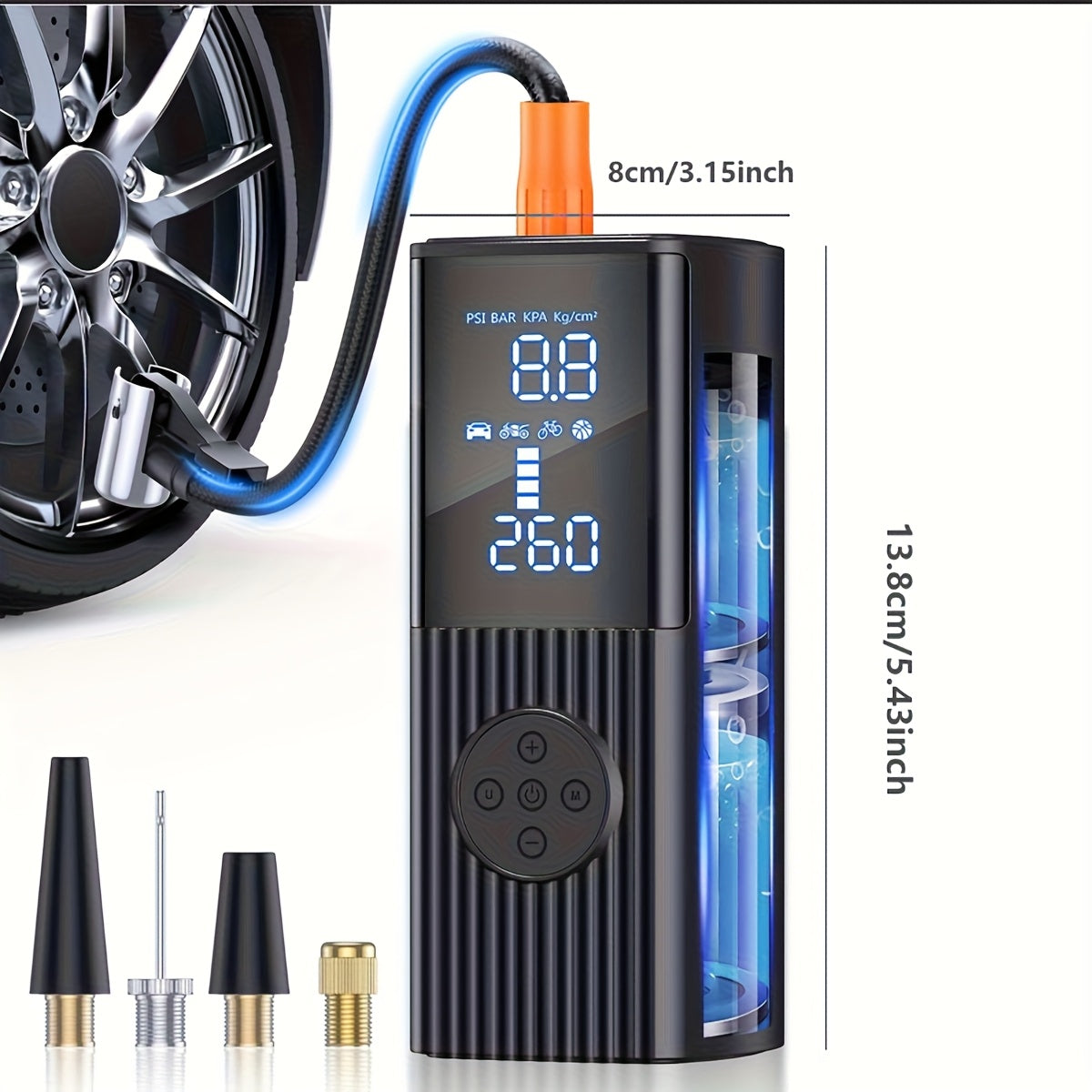 Portable Tire Inflator with Digital Pressure Gauge, Car Tire Pump, 210 PSI, 22 Cylinders, Rechargeable Battery, LED Light, Cordless Air Pump, Wireless Bicycle Tire Pump, Suitable for Cars, Motorcycles, Bicycles, Balls, Etc., New