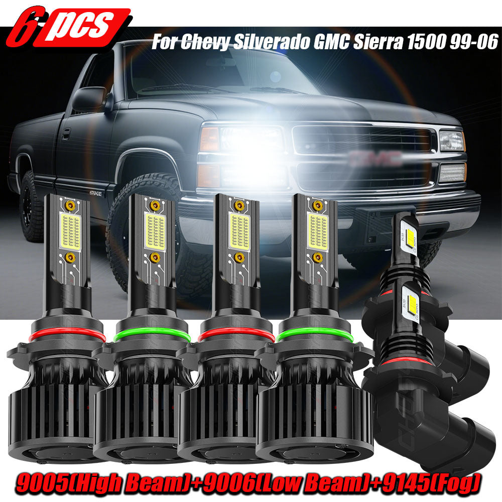 2/4/6pcs LED Headlight Bulbs Combo 9005+9006 Fit for Chevy Silverado for GMC Sierra 1500 1999-2006 High Low Beam, 12V 24V 230W Two-sided Ultra Bright COB Chip, Without Battery, Automotive Lighting, Clear Beam Lights, Highperformance Bulbs