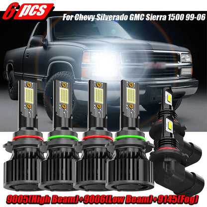 2/4/6pcs LED Headlight Bulbs Combo 9005+9006 Fit for Chevy Silverado for GMC Sierra 1500 1999-2006 High Low Beam, 12V 24V 230W Two-sided Ultra Bright COB Chip, Without Battery, Automotive Lighting, Clear Beam Lights, Highperformance Bulbs