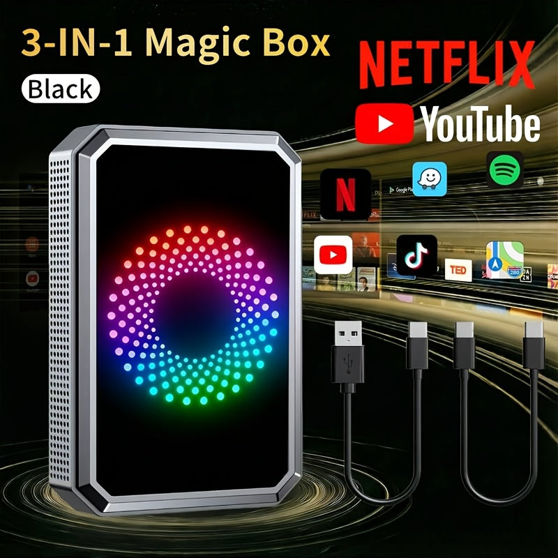3-in-1 Magic Media Box Supports Netflix/YouTube/TikTok Streaming, Wireless Carplay Adapter Dongle with USB Drive for OEM Wired Apple Car Play And Android Auto Cars (Compatible with iPhone 10+ And 2018+ Models)