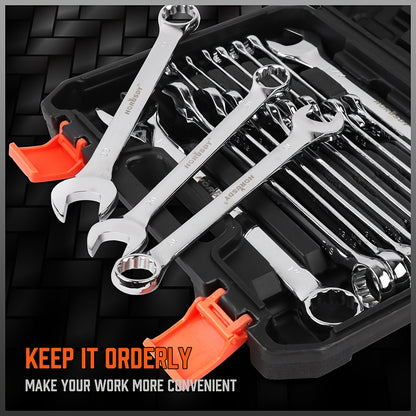 32pcs Combination Wrenches Featuring Both Box And Open Ends, Suitable for Standard Sizes in SAE And Metric Ranging from 1/4" to 1" And 7Mm to 22Mm, Made from Chrome Vanadium Steel And Comes with a Case