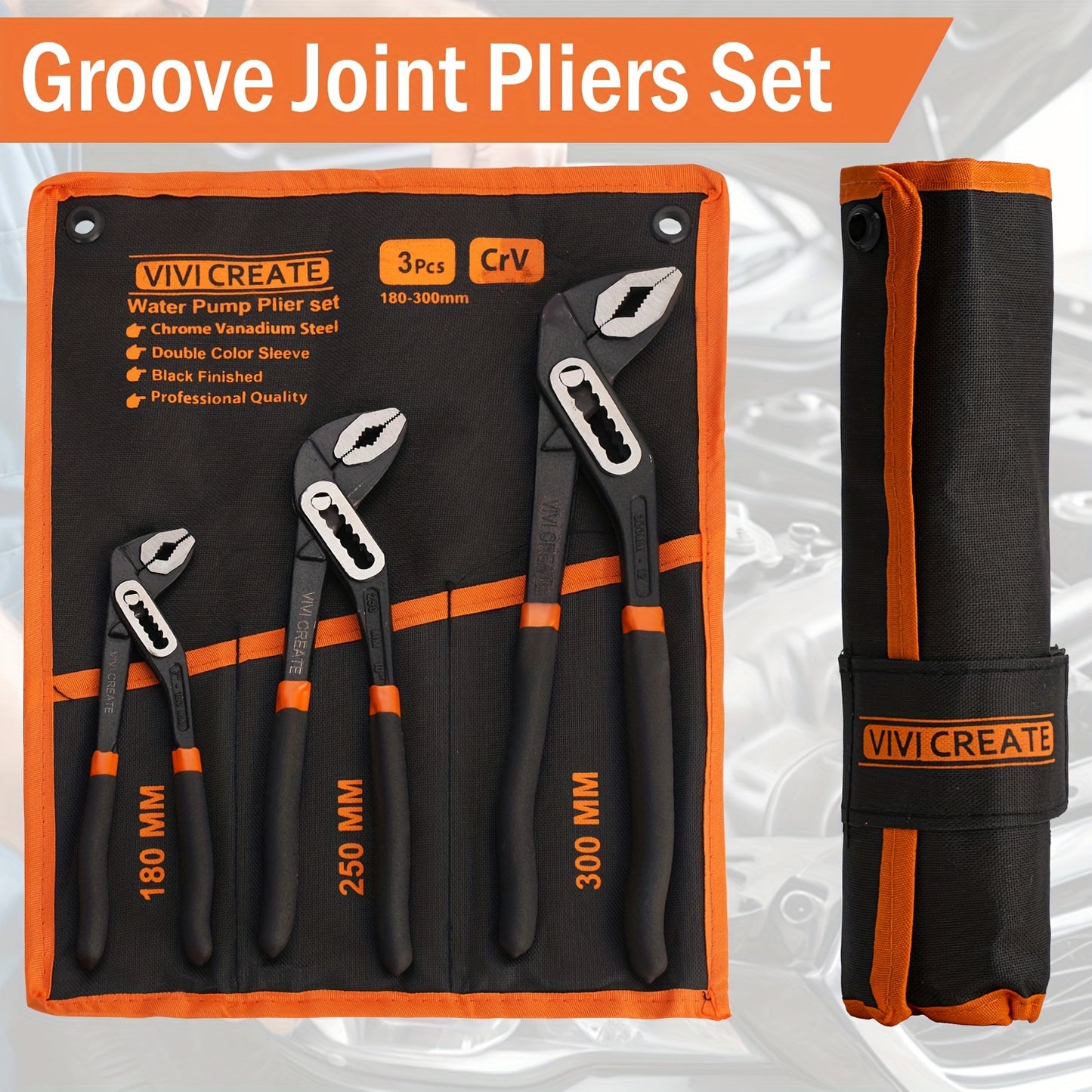7/10/12inch Groove Joint Pliers( with Tool Roll Bag), Push-Lock Water Pump Pliers In Cr-v Steel, Fast Adjustable Tongue And Groove Pliers for Home Repair & Plumbing