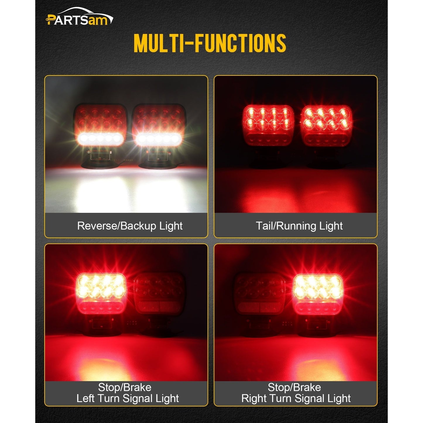 Partsam Wireless LED Trailer Light Kit Magnetic Towing Tail Light Portable Universal Stop Turn Running Backup Reverse Red+Clear Lens w/ 7-Pin Plug Dual USB Cable Charger for Trucks Trailers 12-24V, IPX5
