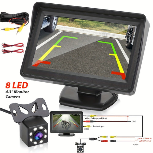 8 LED HD Reversing Camera Kit with 4.3 Inch Monitor | Backup Camera Car Rearview Mirror HD Parking System Night Vision, Wide Angle Lens, USB Charging, Video Resolution, No Battery - Perfect for Cars, Pickups, SUVs
