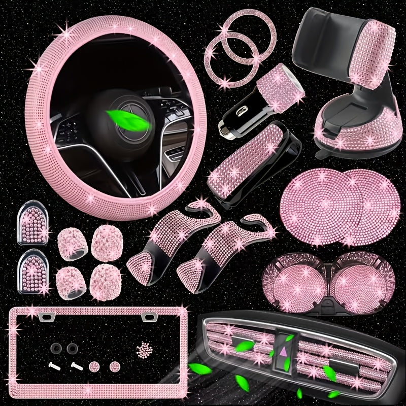 27pcs Bling Car Accessories Set for Women, Bling Steering Wheel Covers Universal Fit 15 Inch, Bling Car Coasters, Bling License Plate Frame, Car Phone Holder