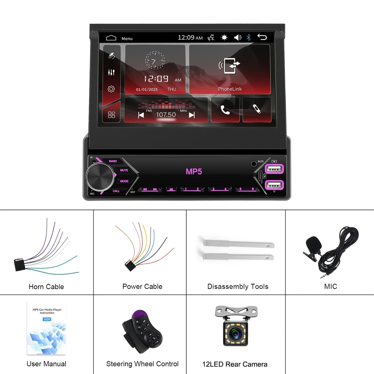 Podofo Wireless CarPlay & Android Auto Single DIN Car Stereo with HD Flip-Out Touchscreen, Compatible for /Android, Wireless, Backup Camera, USB/Type-C/AUX, Voice Control, FM Radio, for -in- Vehicle Audio System