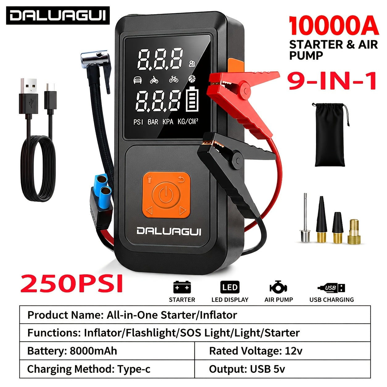 Emergency Power Supply Air Pump, 10000A, Large Screen Digital Display, 250PSI Jump Starter, Compatible with All Car Models, USB Fast Charge, LED Emergency Lighting, Portable 10-liter Gasoline Or 9.0-liter Diesel Engine, with EVA Bag