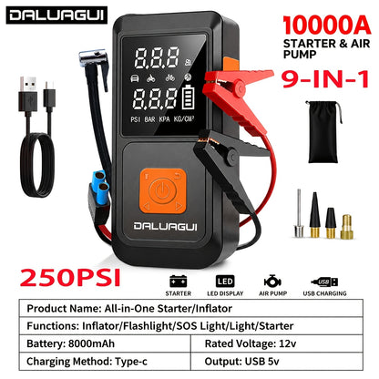 Emergency Power Supply Air Pump, 10000A, Large Screen Digital Display, 250PSI Jump Starter, Compatible with All Car Models, USB Fast Charge, LED Emergency Lighting, Portable 10-liter Gasoline Or 9.0-liter Diesel Engine, with EVA Bag