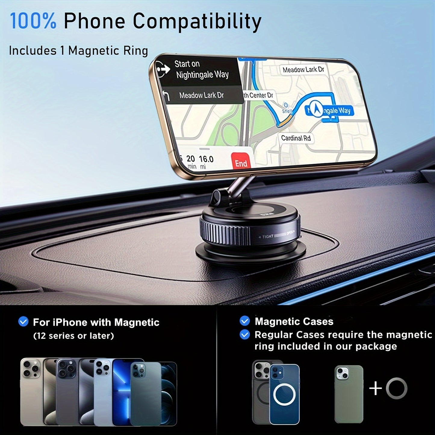 [Portable Foldable Holder] 360° Adjustable Magnetic Phone Mount, Suitable for Car/Gym/Mirror/Smooth Surfaces/Bathroom Mirror, Universal, Portable Foldable Car Phone Holder, Compatible with All Smartphones and Car Models, Foldable Design, Secure Fixation,