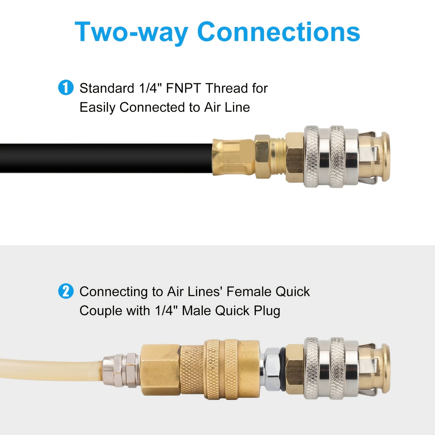 Two Brass Tire Valves with a Closed-End Design, Featuring a 1/4 Inch Female Thread And a Quick-Connect Mechanism, Capable of Handling a Maximum Pressure of 250 PSI. They Are Made from a Durable Alloy And Are Compatible with Cars, Trucks, Bicycles