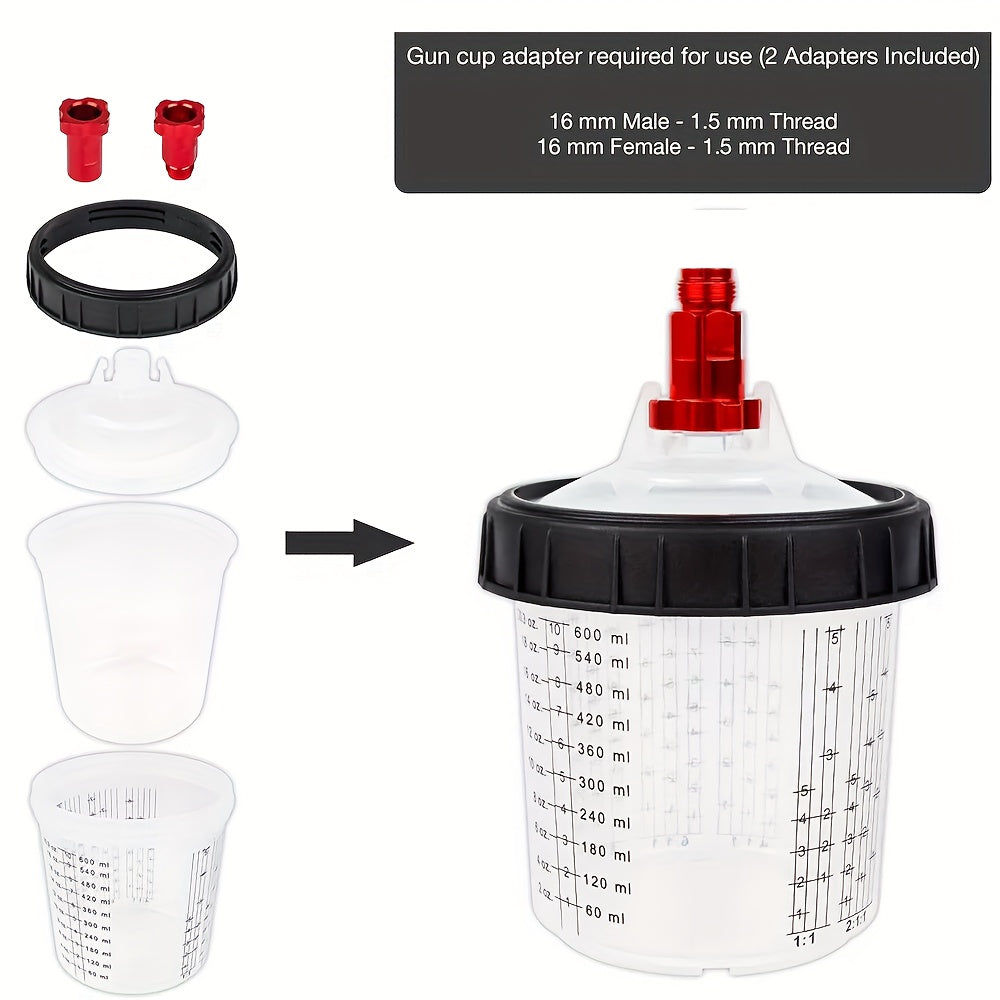 Set of 50 Disposable 20.29oz PPS Cups with Liners And Lids for Paint Spray Guns, Including Mixing Cups for HVLP Sprayers, a 2-Cup Adapter, And a Paint Stirrer, Perfect for Automotive Painting